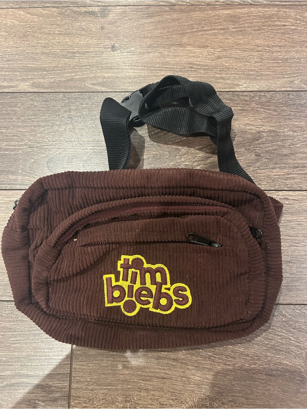 Tim Hortons * Justin Bieber Brown Corduroy Waist Bag with Yellow Logo Embroidery